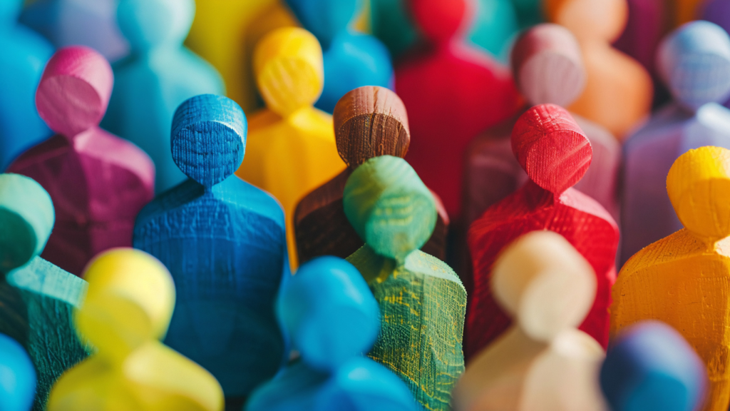 Colorfully painted wooden figures representing a diverse and united community.