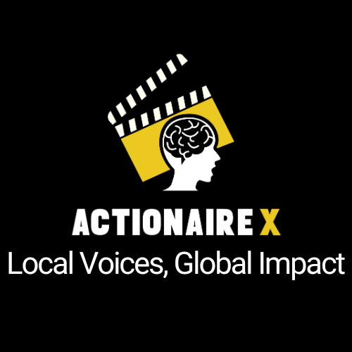 Logo of Actionaire X featuring a head symbolizing knowledge and ideas, with a brain graphic in front of a clapperboard representing action, accompanied by the slogan 'Local Voices, Global Impact.